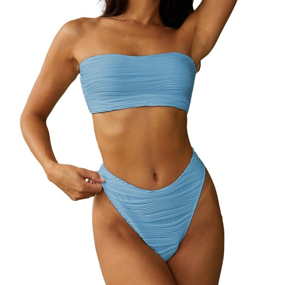Blue textured bandeau bikini
